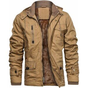 Mens Khaki Thick Winter Jacket Hooded Fleece Lined Cotton Military Coat